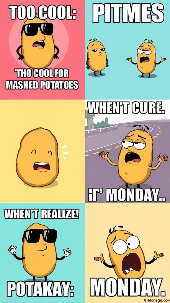 A collection of humorous potato memes with cartoon potatoes having fun.
